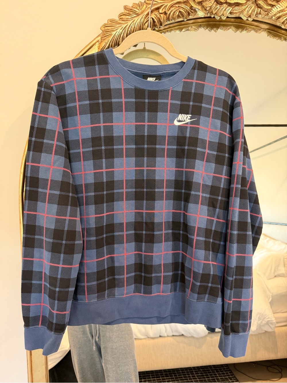 Nike Men’s Blue and Black Plaid Crewneck Sweater with Pink Accents